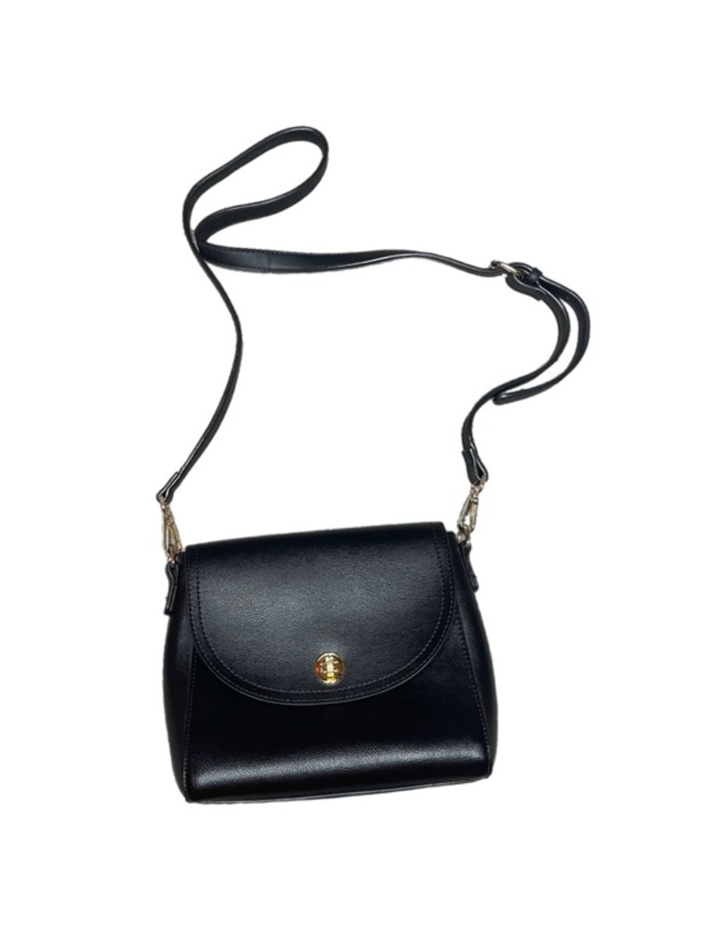 Vintage Black Flap-Front Crossbody Bag With Gold Hardware